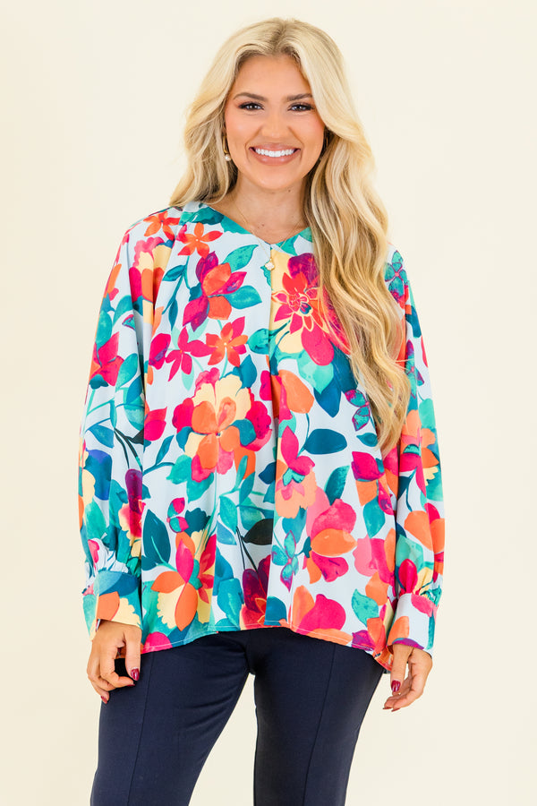 Chic Soul plus size clothing, long-sleeve blue-multi-colored top with a multi-colored floral pattern