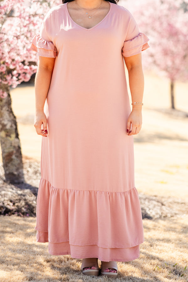 Chic Soul plus size clothing, pink short sleeve maxi dress with v neckline and ruffle detail on the bottom and sleeves