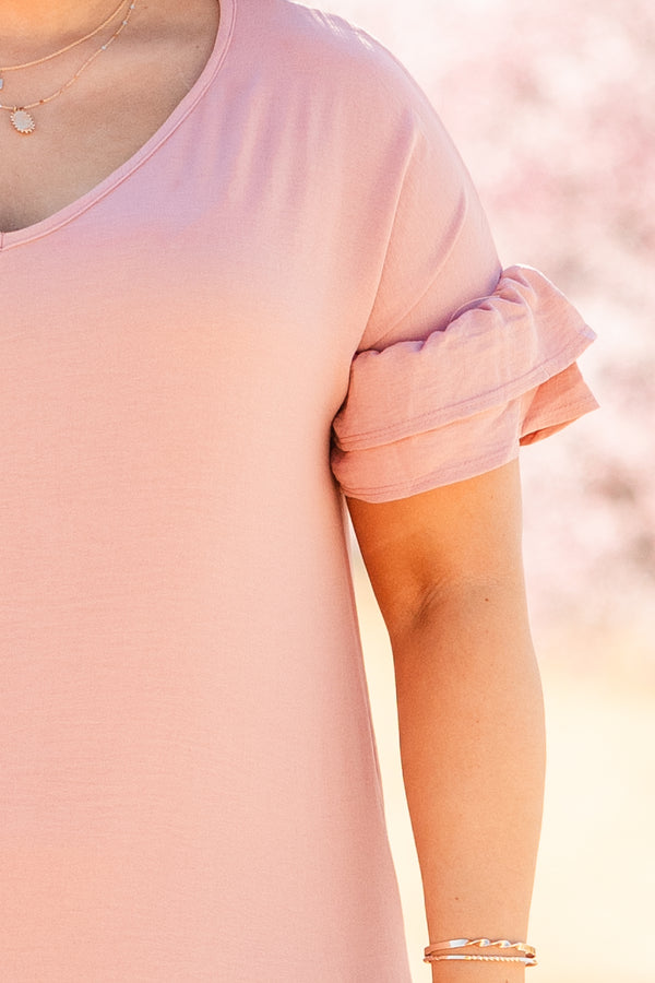 Chic Soul plus size clothing, pink short sleeve maxi dress with v neckline and ruffle detail on the bottom and sleeves
