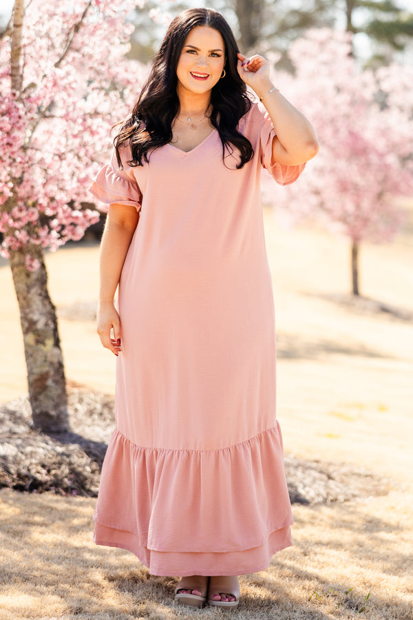 Chic Soul plus size clothing, pink short sleeve maxi dress with v neckline and ruffle detail on the bottom and sleeves