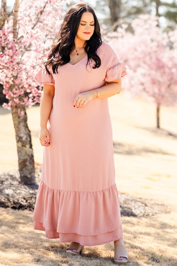 Chic Soul plus size clothing, pink short sleeve maxi dress with v neckline and ruffle detail on the bottom and sleeves