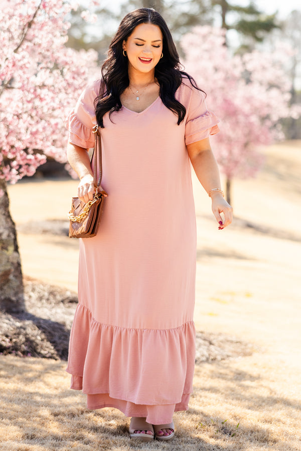 Chic Soul plus size clothing, pink short sleeve maxi dress with v neckline and ruffle detail on the bottom and sleeves