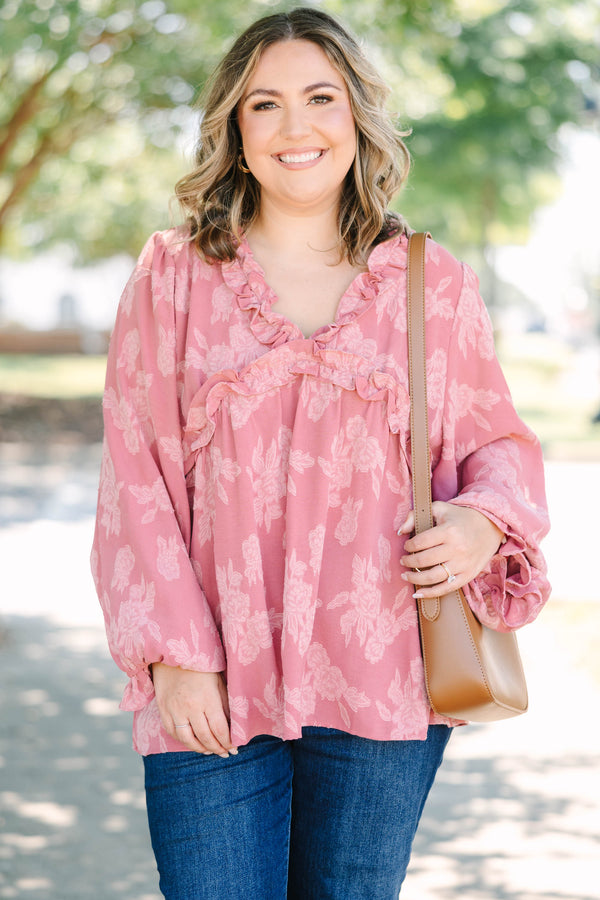 Plus Size mauve floral print top with ruffle V-neckline and long balloon sleeves.