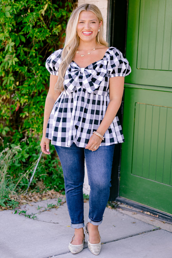 Chic Soul plus size clothing, black and white gingham short-puff sleeve sweetheart neckline babydoll top with big bow detail near neckline