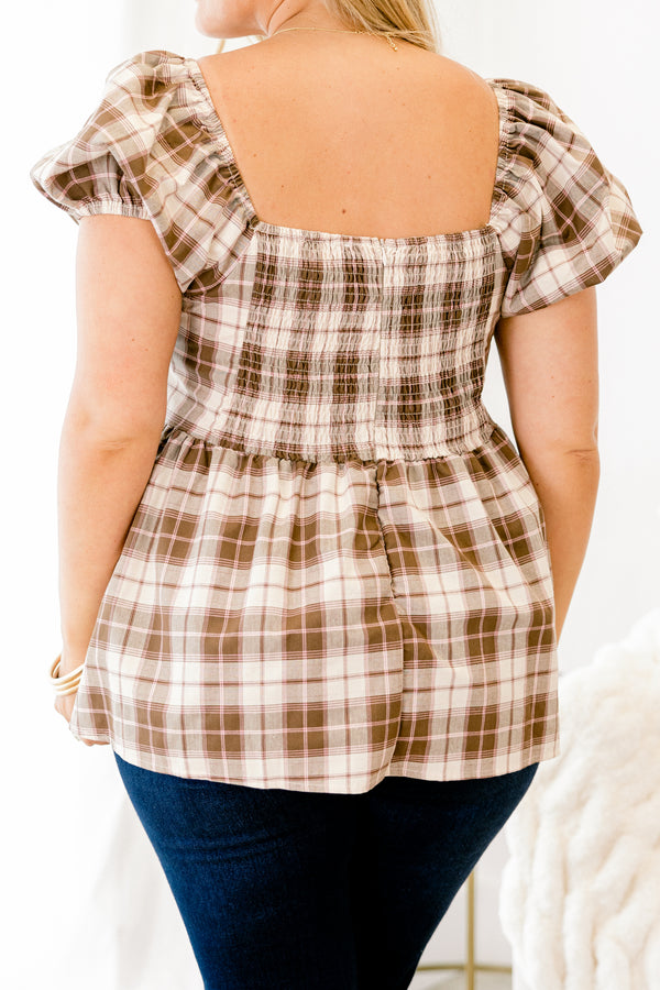 Chic Soul plus size clothing, brown plaid short sleeves top with a bow detail on the chest 