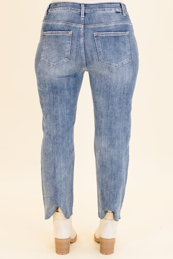 Chic Soul plus size clothing, medium wash cropped jeans with raw cut hem with no holes or distressing 
