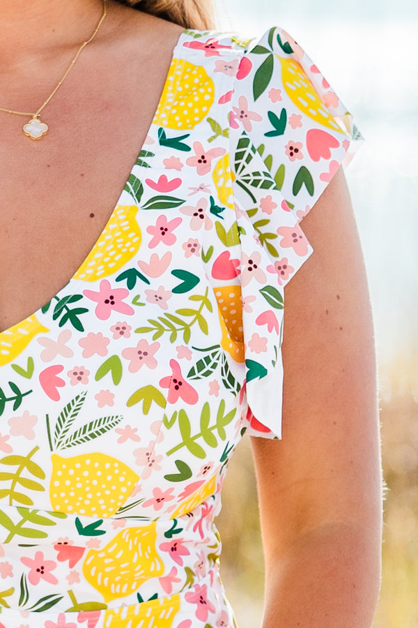 Chic Soul plus size clothing, one piece swimsuit with lemon print and flutter sleeves with scoop back