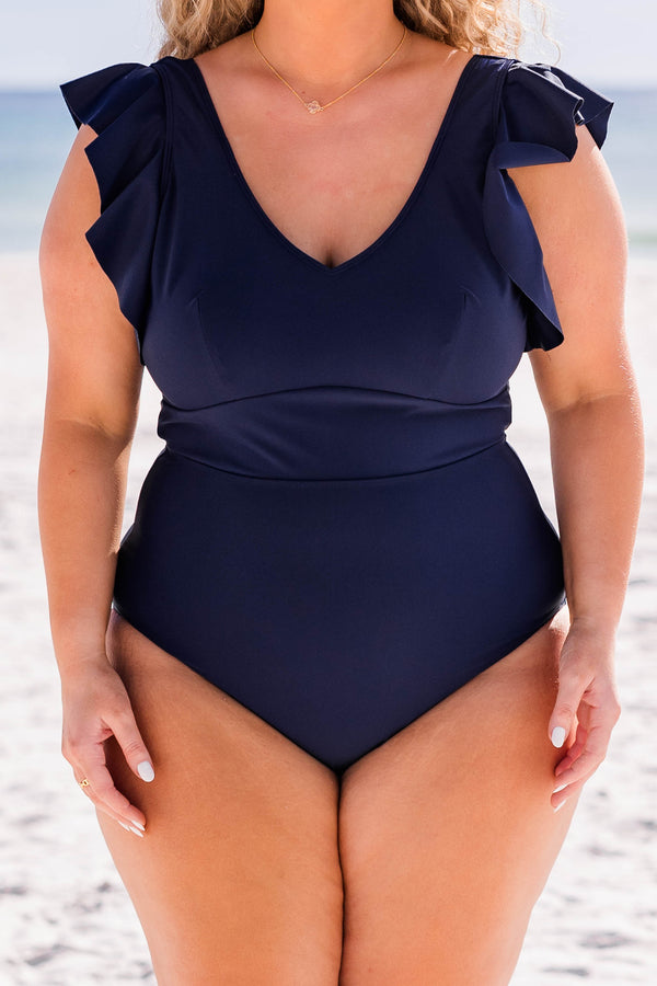 Chic Soul plus size clothing, navy one piece swimsuit with v neckline and ruffle sleeves