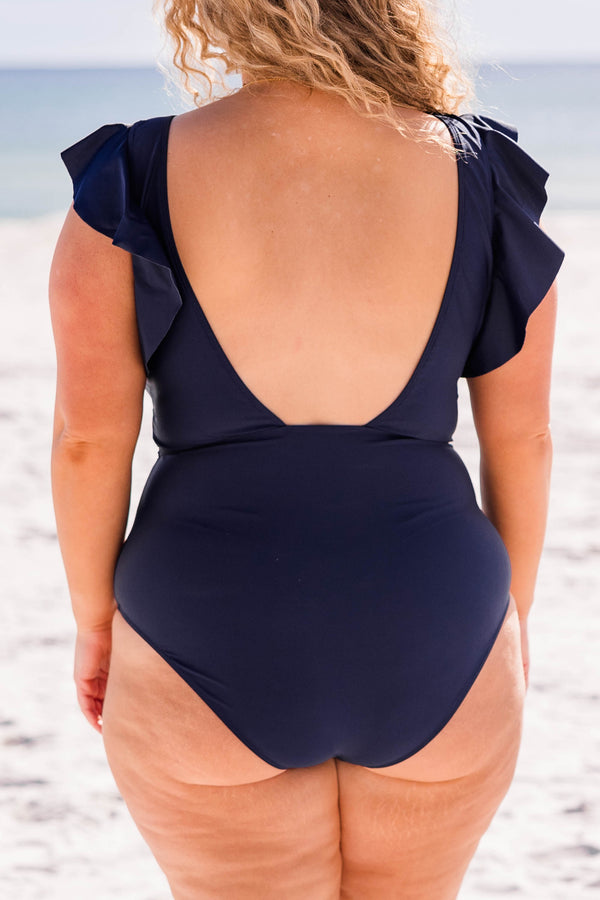 Chic Soul plus size clothing, navy one piece swimsuit with v neckline and ruffle sleeves