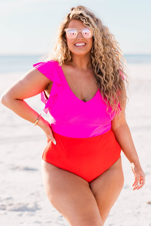 Chic Soul plus size clothing, pink-red one piece swimsuit color blocked with vneck and ruffle sleeve 