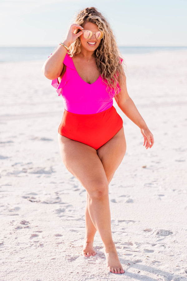 Chic Soul plus size clothing, pink-red one piece swimsuit color blocked with vneck and ruffle sleeve