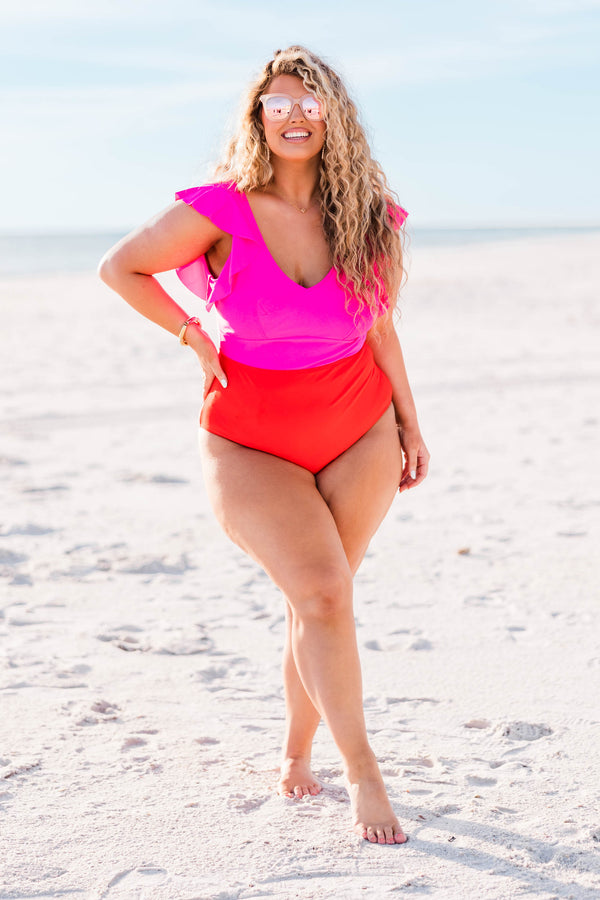 Chic Soul plus size clothing, pink-red one piece swimsuit color blocked with vneck and ruffle sleeve