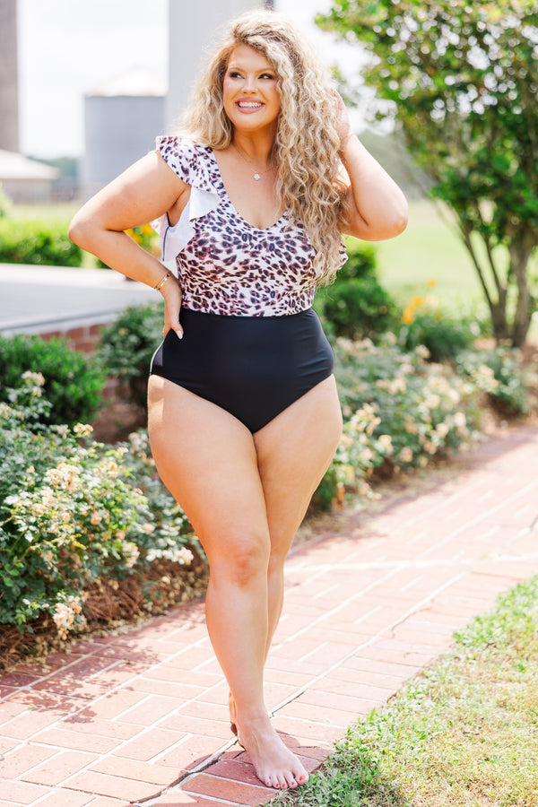 Plus Size snow leopard print colorblock swimsuit with flutter sleeves and a black bottom.