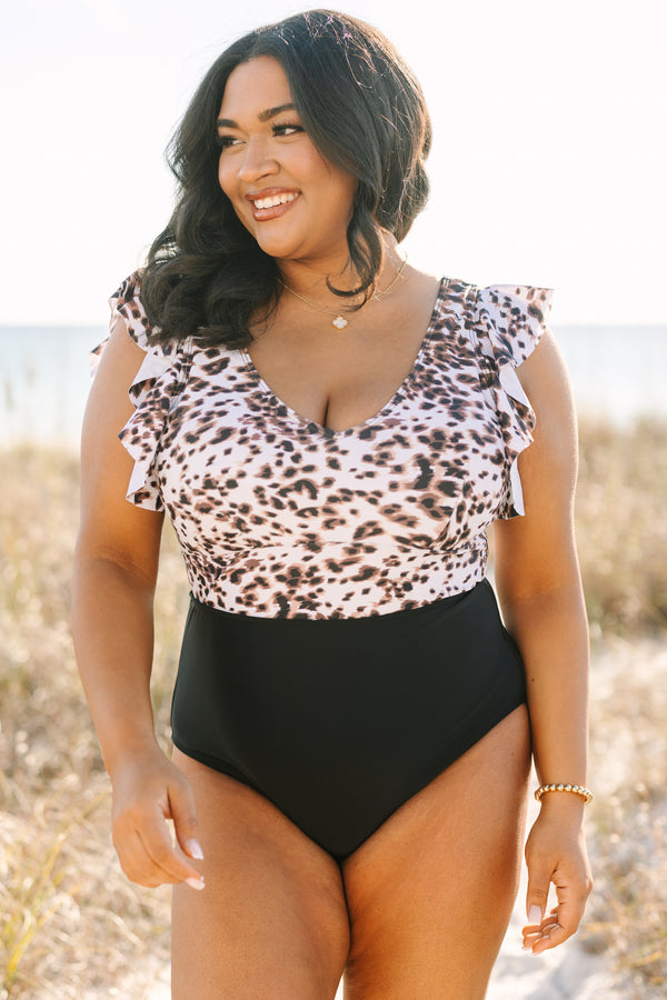 Plus Size snow leopard print colorblock swimsuit with flutter sleeves and a black bottom.