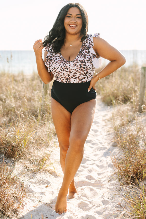Plus Size snow leopard print colorblock swimsuit with flutter sleeves and a black bottom.