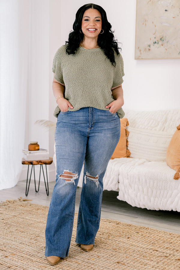 Chic Soul plus size clothing, Dark wash boot cut jeans with distressed holes in the knee and front pockets 