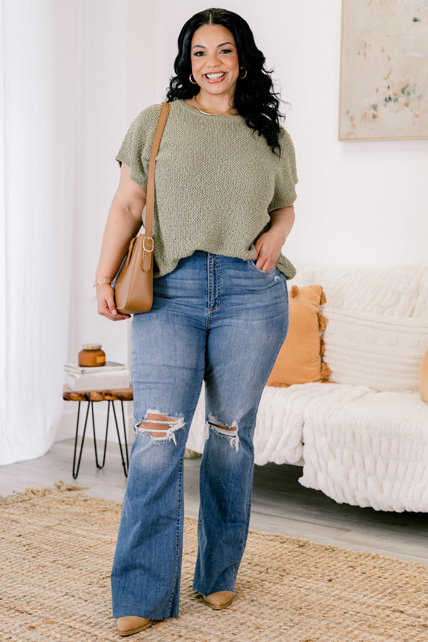 Chic Soul plus size clothing, Dark wash boot cut jeans with distressed holes in the knee and front pockets 
