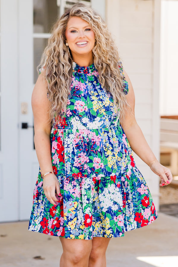 Chic Soul plus size clothing, navy multi floral mini dress with ruffle sleeves