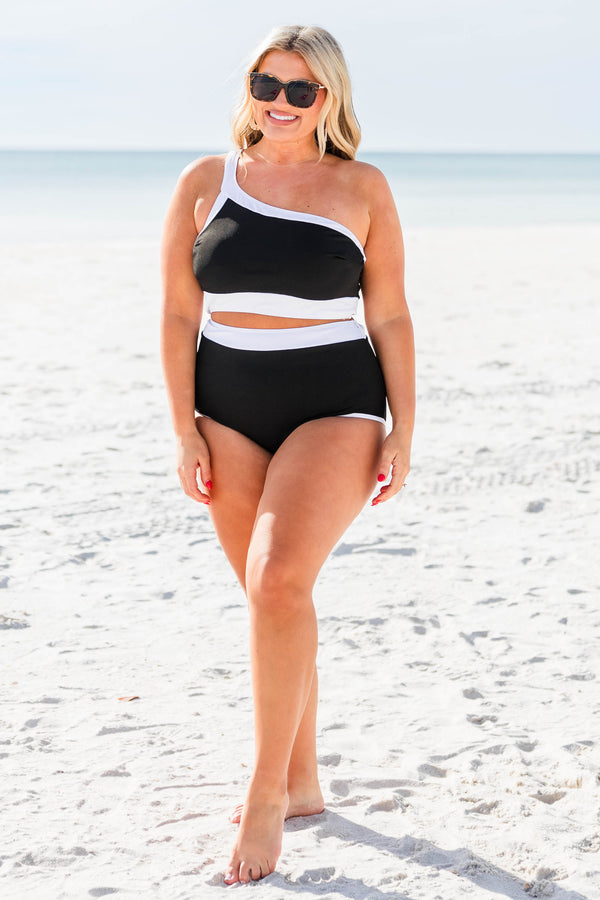 Chic Soul plus size clothing, black high waisted swimsuit bottoms with white block band at the top