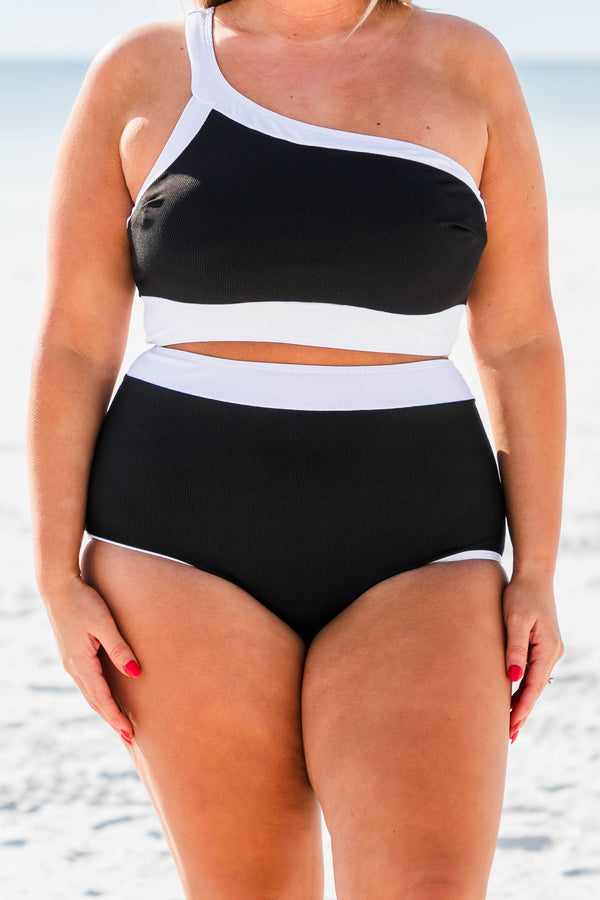 Chic Soul plus size clothing, black and white one shoulder bikini top