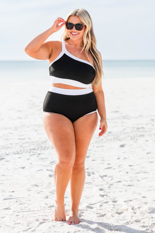Chic Soul plus size clothing, black and white one shoulder bikini top