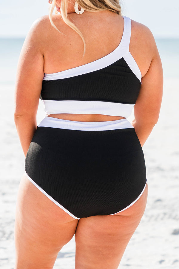 Chic Soul plus size clothing, black and white one shoulder bikini top