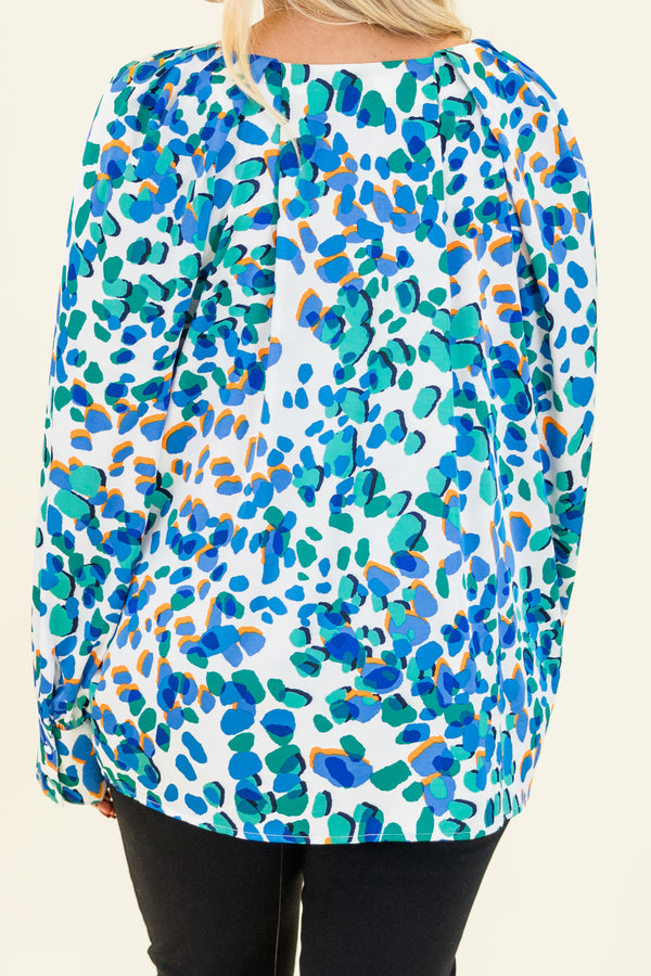 Chic Soul plus size clothing, long-sleeve blue abstract leopard print blouse with a subtle v-neckline