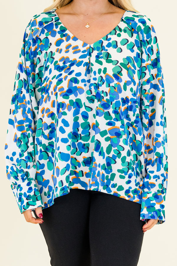 Chic Soul plus size clothing, long-sleeve blue abstract leopard print blouse with a subtle v-neckline
