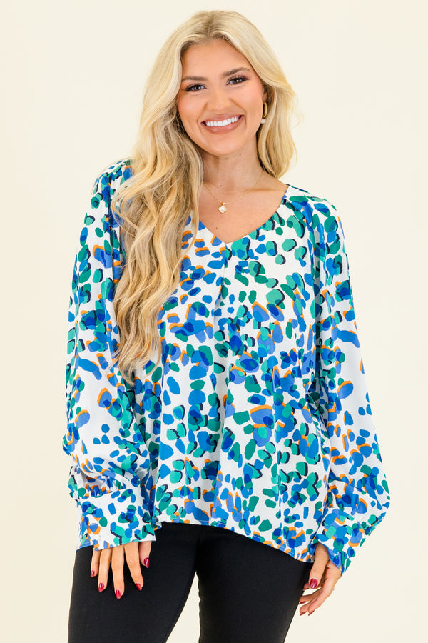Chic Soul plus size clothing, long-sleeve blue abstract leopard print blouse with a subtle v-neckline