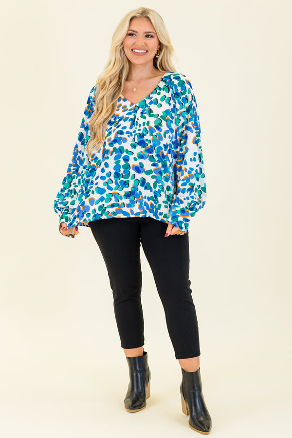 Chic Soul plus size clothing, long-sleeve blue abstract leopard print blouse with a subtle v-neckline