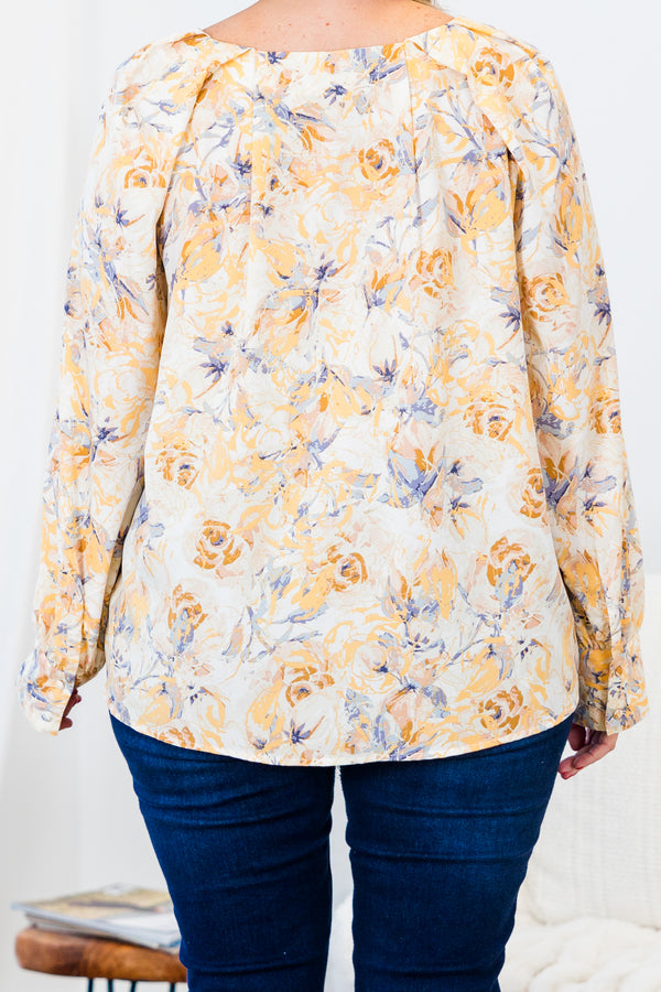 Chic Soul plus size clothing, yellow long sleeve floral print blouse with v neckline and cuff sleeve detail
