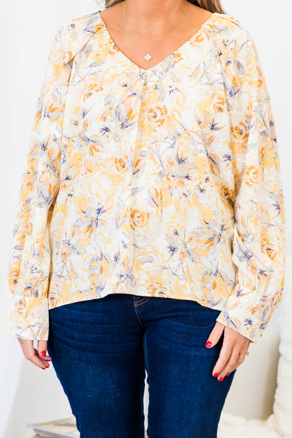 Chic Soul plus size clothing, yellow long sleeve floral print blouse with v neckline and cuff sleeve detail