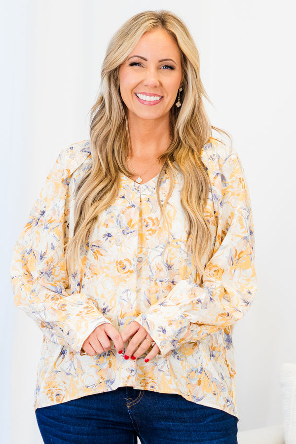 Chic Soul plus size clothing, yellow long sleeve floral print blouse with v neckline and cuff sleeve detail