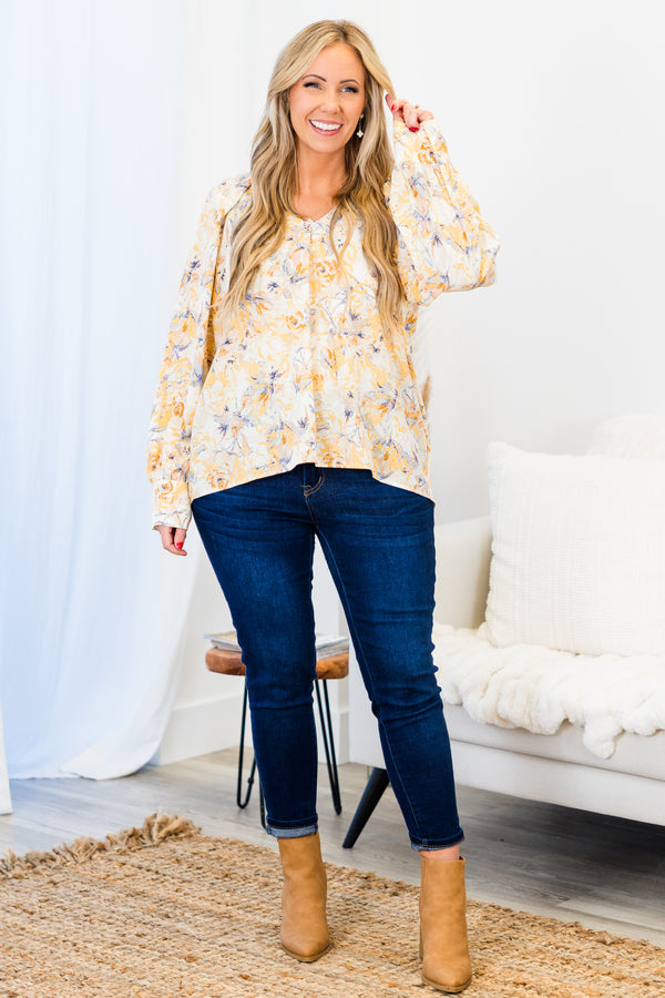 Chic Soul plus size clothing, yellow long sleeve floral print blouse with v neckline and cuff sleeve detail
