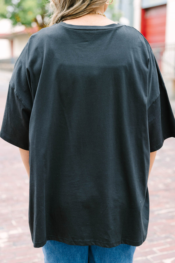 Plus size oversized black Spooky But Cute boyfriend tee with white retro lettering.