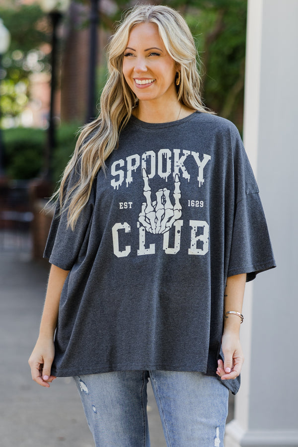 Chic Soul plus size clothing, charcoal gray short sleeve boyfriend tee with 