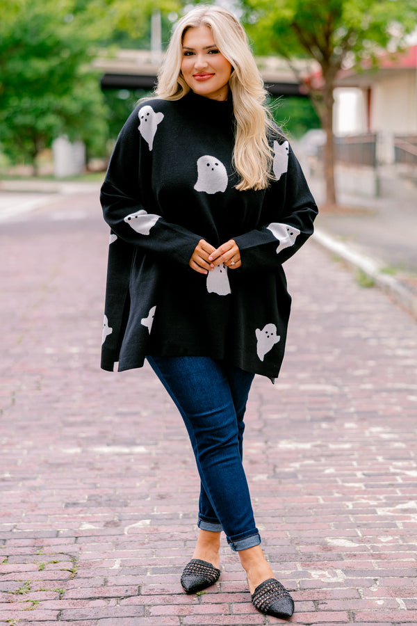 Chic Soul plus size clothing, black smock neck long sleeve top with white ghost print