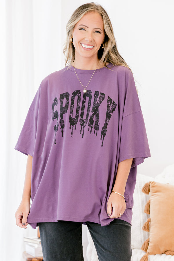 Chic Soul plus size clothing, lilac gray short sleeve boyfriend shirt with text 