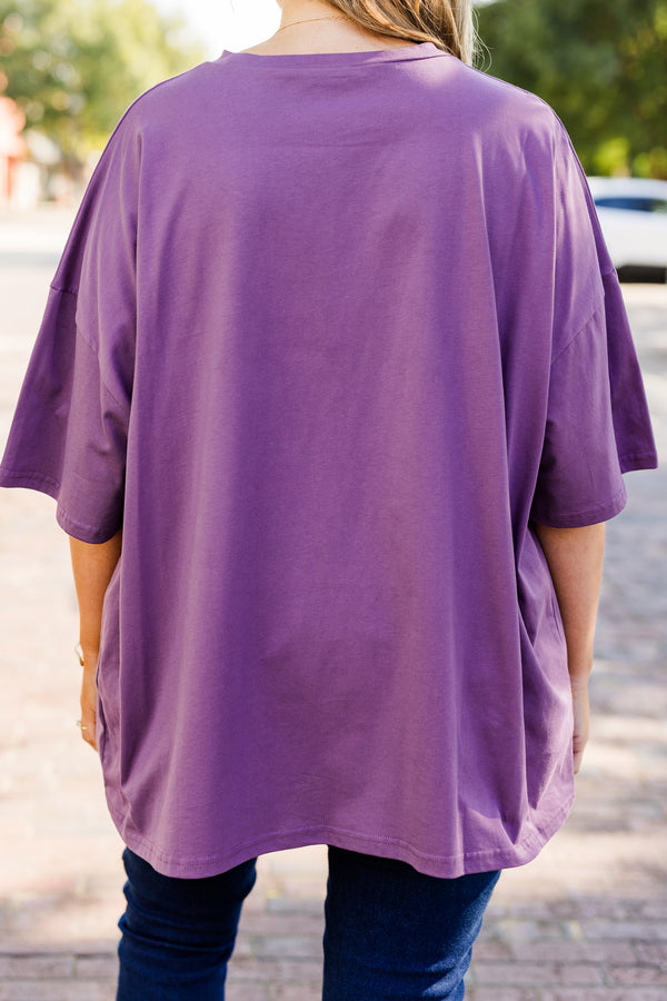 Chic Soul plus size clothing, lilac gray short sleeve boyfriend shirt with text 