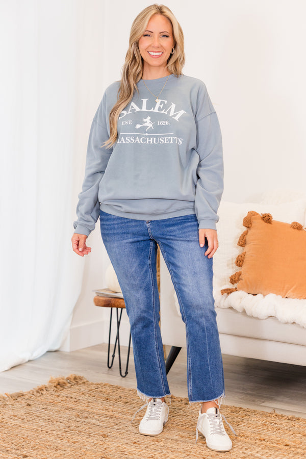 Chic Soul plus size clothing, long-sleeve denim blue crewneck pullover with graphic stating 