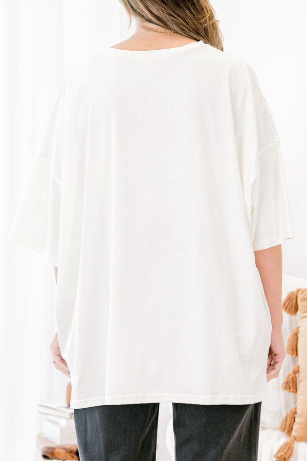 Chic Soul Plus size clothing, ivory short sleeve graphic tee with four squares in the center of the shirt that have pumpkin and ghost graphic 