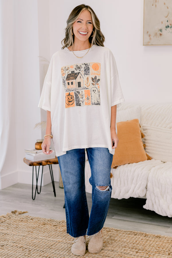 Chic Soul plus size clothing, ivory boyfriend tee with sketch style halloween patterns 