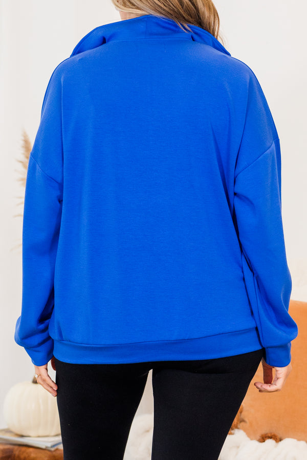 Chic Soul plus size clothing,   long-sleeve comfy royal blue quarter-zip pullover with collar  