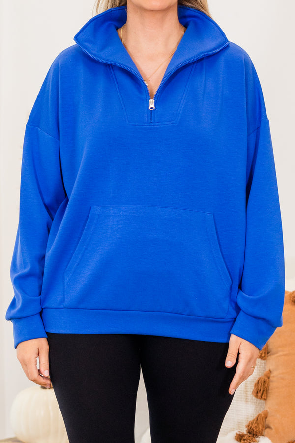 Chic Soul plus size clothing,   long-sleeve comfy royal blue quarter-zip pullover with collar  