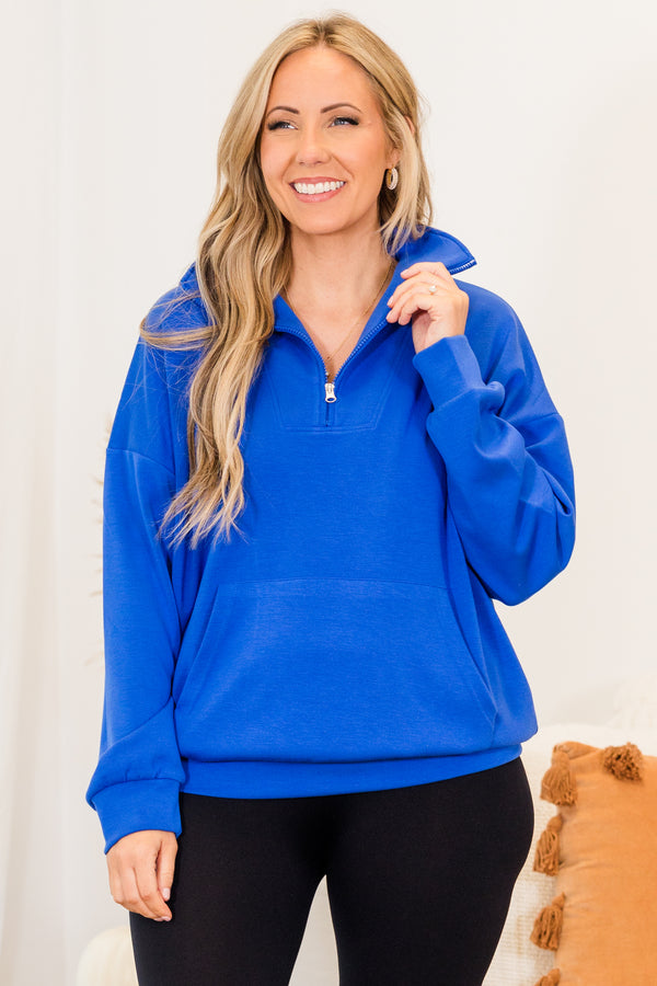Chic Soul plus size clothing,   long-sleeve comfy royal blue quarter-zip pullover with collar  