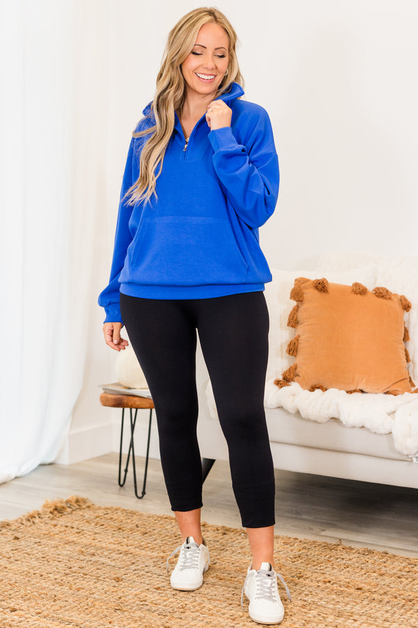 Chic Soul plus size clothing,   long-sleeve comfy royal blue quarter-zip pullover with collar  