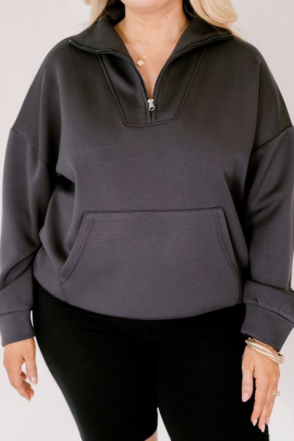 Chic Soul plus size clothing, black long sleeve 3/4 zip pullover