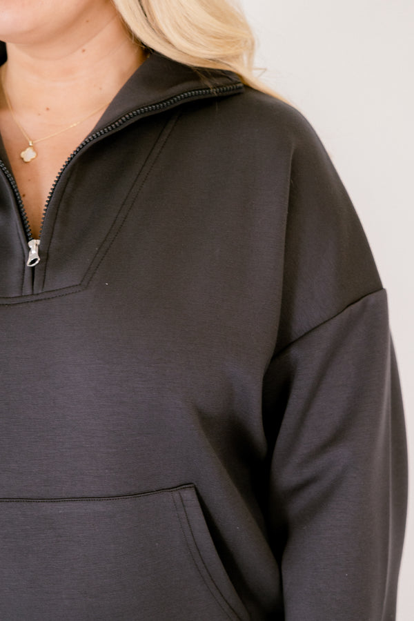 Chic Soul plus size clothing, black long sleeve 3/4 zip pullover