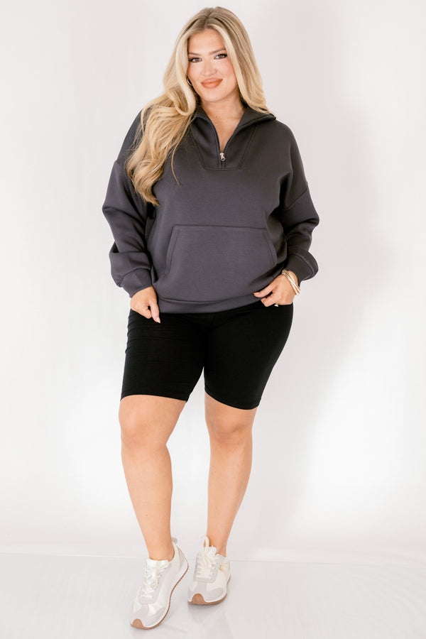 Chic Soul plus size clothing, black long sleeve 3/4 zip pullover
