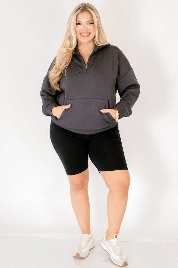 Chic Soul plus size clothing, black long sleeve 3/4 zip pullover